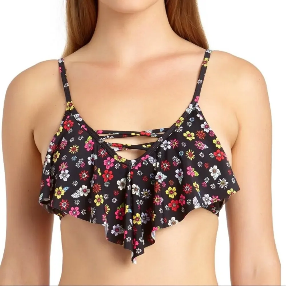 California Waves Floral Flounce Bikini Swim Top